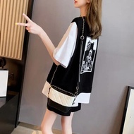 Cotton T Shirt Tracksuit Print Black Woman Shorts Outfit Chic and Elegant Korean Style Ensembles Sho