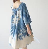 【棉質手工藍染】蝴蝶結圓領/寬鬆舒適/T恤式連衣裙