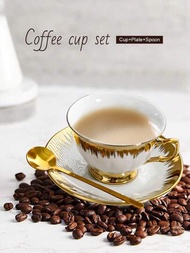 3件組 輕奢歐式陶瓷咖啡杯附碟勺 金邊咖啡/茶杯套裝
