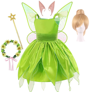 【TI hot】 Girls Cosplay Green Fairy Tinker bell Dress Kids Disney Princess Flower Fairy Wings Costume
