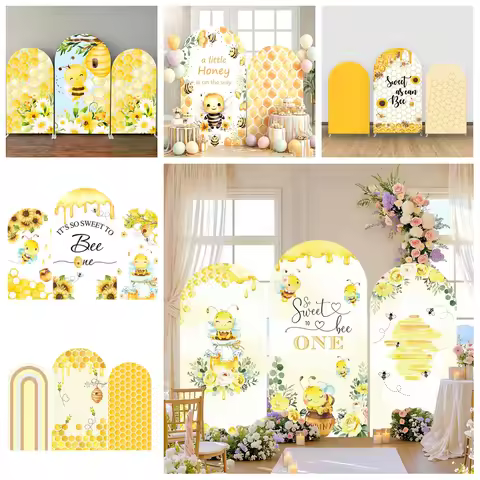 Cartoon Yellow Bee Theme Arched Backdrop Bee Flower Hive Children's 1st Birthday Party Baby Shower D