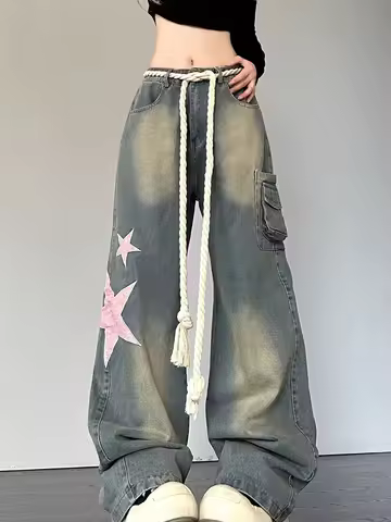 Women Fashion Wide Leg Baggy Jeans Streetwear Vintage Baggy Denim Pants Lady Korean Retro Patchwork 