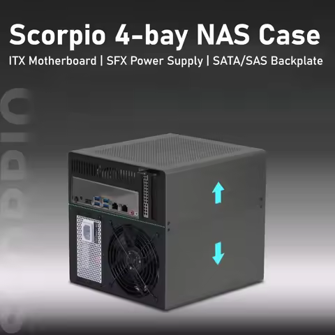 Scorpio 4-Bay NAS Case, 1.5mm Anodized Aluminum, ITX Motherboard | SFX Power Supply | SATA/SAS Backp