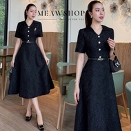 S-2XL เดรสสีดำ คอปก Texture ของผ้าแต่งลายกุหลาบ สวยมาก ชุดไว้อาลัย ชุดดำ ใส่แล้วผอม ชุดออกงาน ชุดไปง