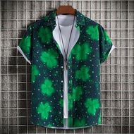 2023 New Men's Lucky Clover Printed Short Sleeve Loose Causal Floral Shirt Plus Size Black&green All