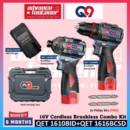 Q9 QNINE QET 1610BID 16V Cordless Brushless Driver Drill + QET 1616BCSD 16V Cordless Brushless Impac