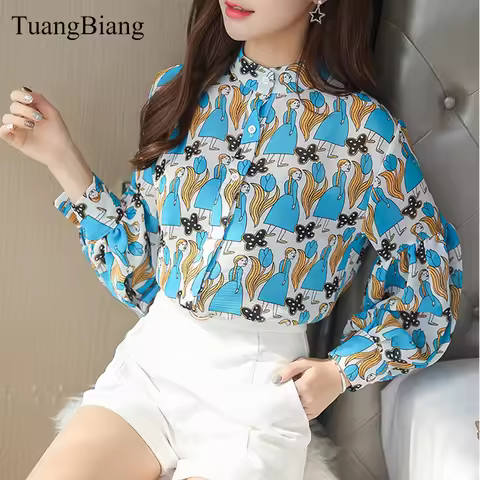 2019 New Print Vintage Loose Stand Collar Chiffon Blouses Women Lantern Sleeve Office Work Wear Shir