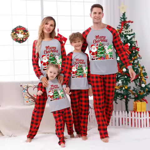 Merry Christmas Print Family Matching Pajamas Set Full Sleeve O Neck 2 Pieces Suit Sleepwear Xmas Gi
