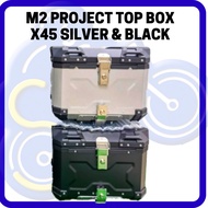 M2 PROJECT TOP BOX ALUMINIUM X45 RIDE MOTORCYCLE BOX 45 LITRE READY STOCK BOX SILVER BLACK COLOUR
