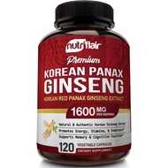 NutriFlair Korean Red Panax Ginseng 1600mg, 120 Vegan Capsules High Potency Root 5% Ginsenosides Extract Powder Supplement Energy, Focus, Vigor, Performance Pills Women Men Non-GMO