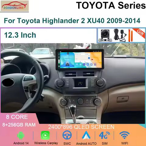 Android 14 12.3 INCH 8+256GB Car Radio For Toyota Highlander 2 XU40 2009-2014 Carplay Auto GPS BT Na