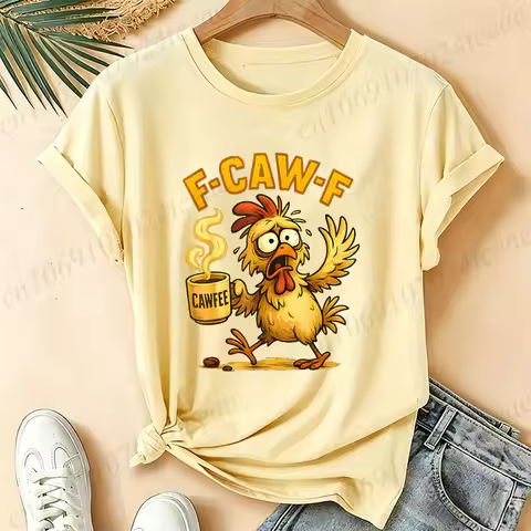 Funny Chicken Humor F-Caw-F Graphic T-shirt Short Sleeve Tops Retro Vintage Aesthetic Casual T-shirt
