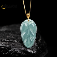 18KGold ฝัง Jadeite พม่าน้ำสีฟ้าทองจี้ใบหยกน้ำแข็งชนิดของผู้หญิงแฟชั่นหรูหราสร้อยคอของขวัญวันหยุด