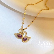 Korea 18K Gold Purple Crystal Swan Necklace Stainless Steel Non Tarnish Kwintas Fashion Women Access