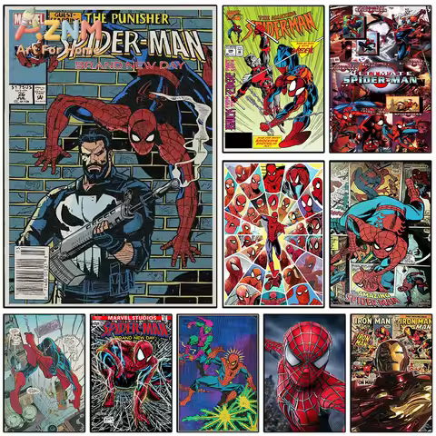 AZNM Spiderman Punisher Vintage Comic Canvas Wall Print, Retro Superhero Comic Book Art Poster, Unfr