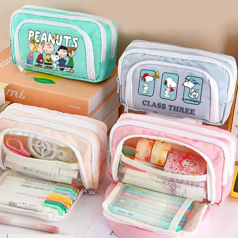 Snoopy Pencil Case 3 Layers Pen Bag Large Capacity Korean Organizer Pouch Student Back To School Sup