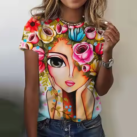 Fashion 3d Floral T-Shirts Girls Face Painting Short Sleeve Harajuku Colorful Harajuku O-neck Shirts