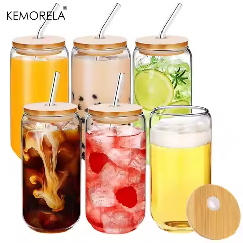 Set of 2/4/6 Glass Can Shaped Cups 500ml with Spill-Proof Lids And Straws plus Straw Cleaning Brushe