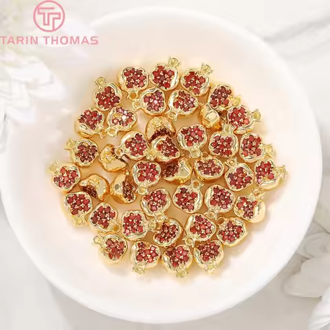 (1467)4PCS 10.5x9.5MM 24K Gold Color Plated Brass with Zircon Pomegranate Charms Pendants High Quali