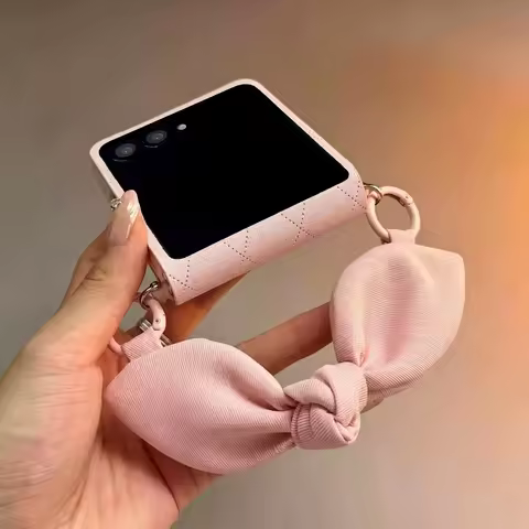 Korean Rhombus Pattern Pink Case with Bow Wrist for Samsung Galaxy Z Flip8 ZFlip7 ZFlip6 5 for Xiaom