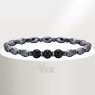 Vnox Black Natural Stone Bead Men's Bracelet, Agate Black Gallstone Oval Stone Bead Wristband with E