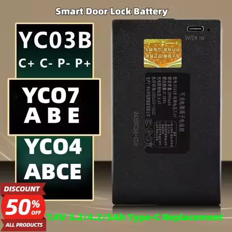 YC03A/B/C/E YC04A/B/C/E YC07A/B/C/E 7.4V 3.2/4.2/5Ah Lithium Smart Door Lock Battery Type-C Replacem