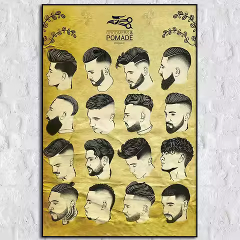 Mens Hairstyles Poster Vintage Wall Art Canvas Painting Print Black Golden Groomer Pomade Picture Ba
