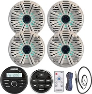 Kicker All-Weather Marine Gauge Style Bluetooth USB Stereo Receiver Bundle with Wired Remote, 4X 6.5 2-Way 195W Max Coaxial Marine LED Speakers w/Remote, White Salt Water Grilles, Wire, Antenna