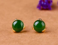 New 24K Gold Plated with Certificate Natural Chinese Green Jade Stud Earrings