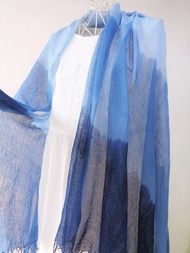 藍染蚊帳布蓬鬆大尺寸純棉漸層長圍巾