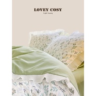 LOVEY COSY Korean Light Luxury Washed Cotton Lace Pleated Girl White Light Green Bed Mattress Lace F