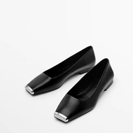 Massimo Dutti Spain Md Womens Shoes 2024 Autumn New Silver Metal Toe Leather Comfortable Shoes Flat