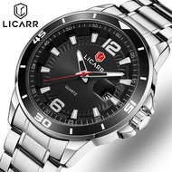 LICARR นาฬิกาผู้ชายแบบลำลองของแท้ยี่ห้อแฟชันนาฬิกากีฬาชายสแตนเลสวันที่เจิดจรัสนาฬิกาข้อมือกันน้ำ