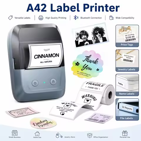 Memoking A42 Bluetooth Thermal Label Printer, Portable Wireless Sticker Maker Inkless Barcode Printe