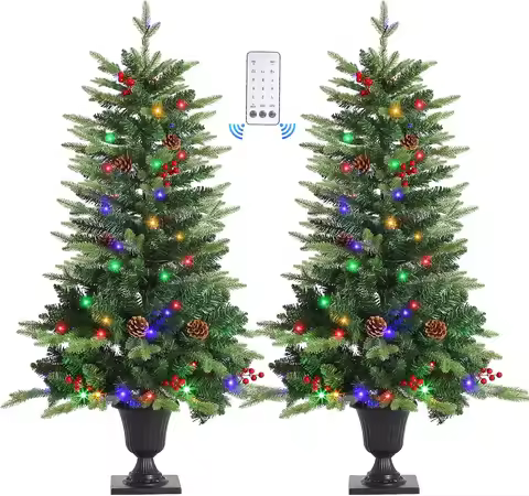 2Pcs 4FT Outdoor Christmas Tree Set with Remote-Controlled LED Lights, Pre-lit Potted Tree