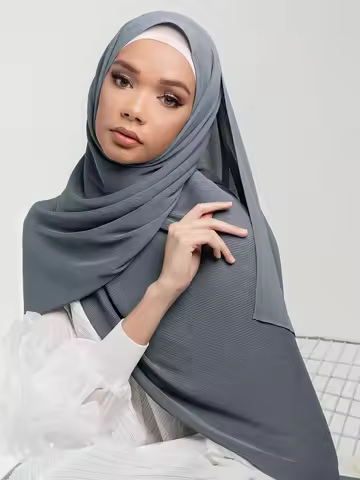 Pleated Chiffon Hijab Muslim Crinkle Scarf Solid Color Crepe Shawls Headband Islamic Wraps Foulard F