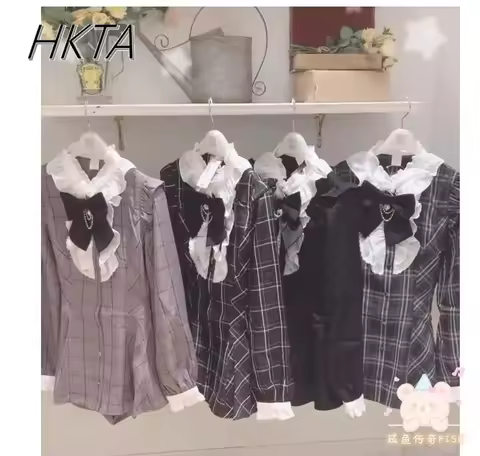 2024 New Autumn Sweet Outfits SC Dress Women Japanese Mine Plaid Long Sleeve Shirt Heart Bow Chain M
