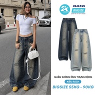 Washed Wide Leg Jeans with Ripped Pattern Bigsize QC625 2KJeans_Bigsize