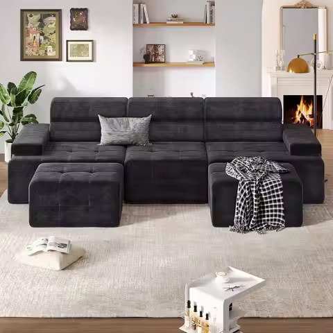 134" Boneless Couch with Ottoman & Higher Backrest, Modular Sectional Sofa for Living Room, Corner C