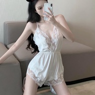 Liasynn Korean White v-Neck Lace Pajamas Women Summer Thin ins Sexy Narrow-Waisted Sling Jumpsuit Homewear v-Neck Lace Jumpsuit Jumpsuit Pajamas