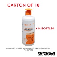 Cosmo Med Antiseptic Hand Sanitizer, Water-based, 500ml [Carton of 18]