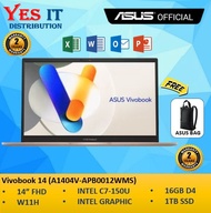 ASUS Vivobook 14 A1404V-APB012WSM (Intel® Core™ 7 Processor 150U 16GB 1TB Intel® Graphics) LAPTOP (9
