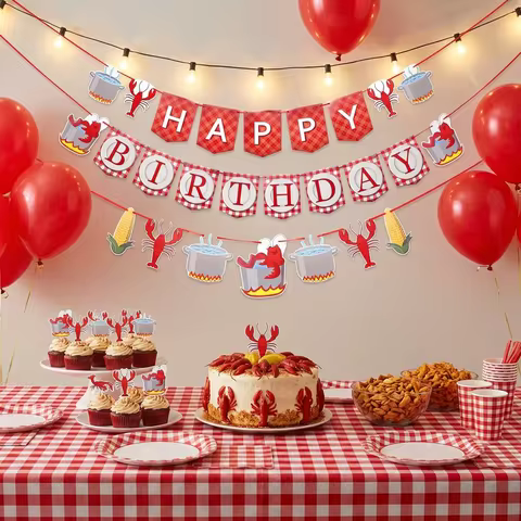 Crawfish Boil Party Supplies Happy Birthday Banner for Lobster Party Decorations Carnival Shrimp Sea