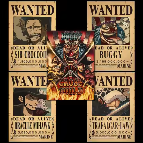 Borderless One Piece Wanted Poster Straw Hat Group Luffy Retro Kraft Paper One Piece Bounty Decorati