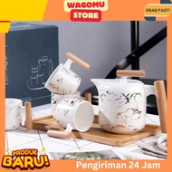 WGM - Set Cangkir Motif Marble Keramik Hitam Putih Teko dengan Baki Kayu / Set Cangkir Teh Kopi / Mo