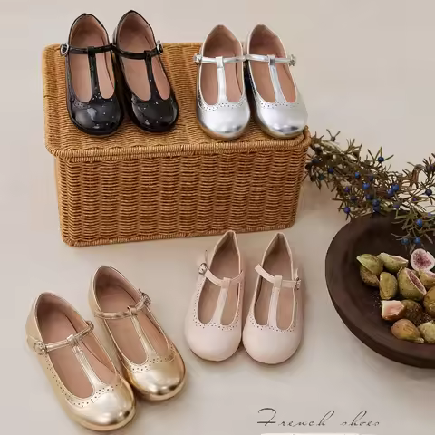 Ins Handmade Girls' Four-season High-end T-word Shoes Boutique Solid Color Versatile Mary Jane Small