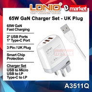 LDNIO A3511Q GaN 65W Charger Set Adaptor Fast Charging Charger Adapter Wall Plug UK Plug LDNIO Charg