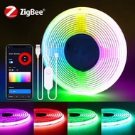 Zigbee 3.0 Tuya สมาร์ท 5V USB RGB COB LED Strip Light 576 LEDs/M หรี่แสงได้ Voice Control ทํางานร่วม