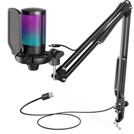 FIFINE USB Gaming Microphone Kit for PCPS4/5 Condenser Cardioid Mic Set with Mute Button/RGB /Arm St