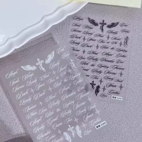 2pcs Set Letters Nail Sticker Black& White Letter Words Nail Stickers Decals Wings Designs Holograph